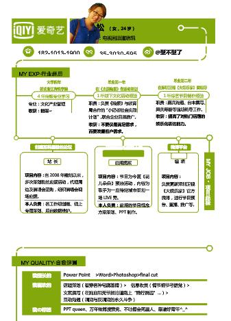 爱奇艺绿色块风格简历模板下载