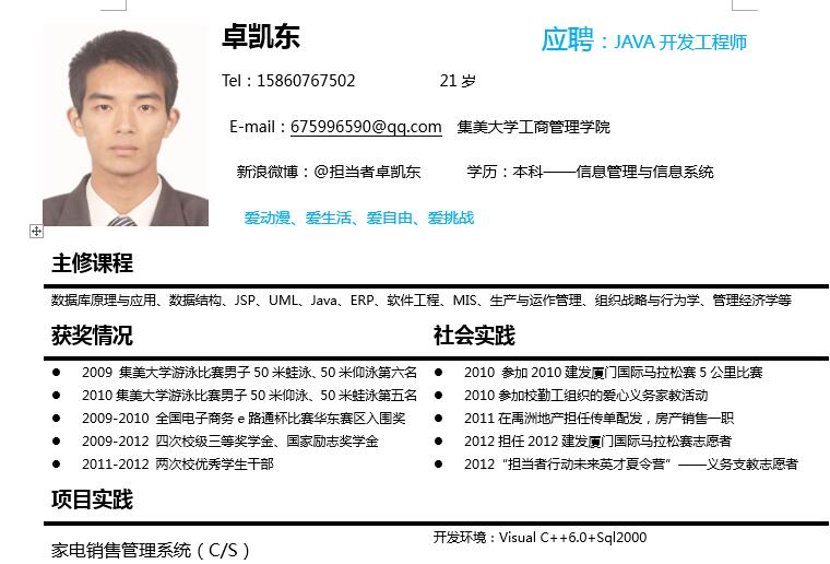 JAVA开发工程师求职简历模板下载