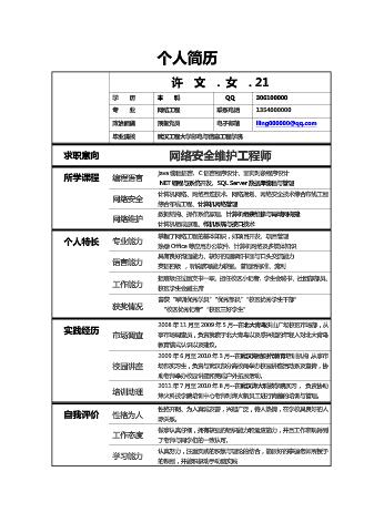 应聘网络工程师带照片的简历表格下载